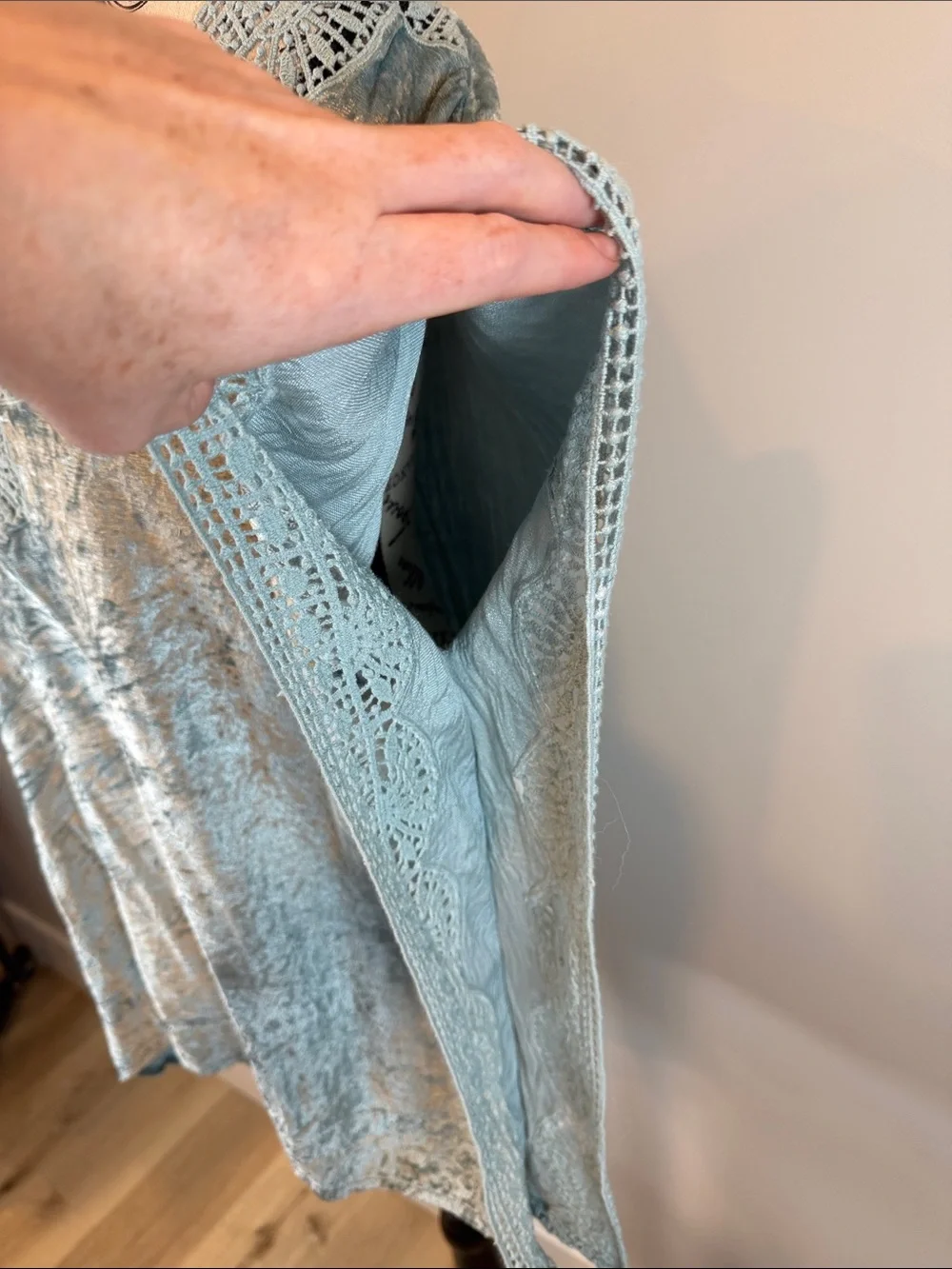 Soft Surroundings Light Blue Crushed Velvet Crochet Trim Poncho Top S Loose Fit